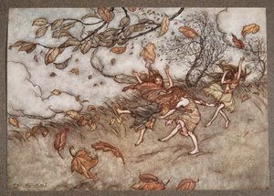 Es gibt fast nichts, das so viel Spaß versteht wie ein gefallenes Blatt, aus Peter Pan in Kensington Gardens von J M Barrie, veröffentlicht 1906 von Arthur Rackham