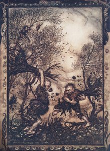 Sie gerieten in solche Wut, dass sie Bäume mit den Wurzeln ausrissen und aufeinander einschlugen, bis sie beide tot umfielen, aus Die Märchen der Brüder Grimm, veröffentlicht 1909
