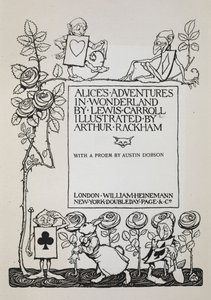 Titelseite mit einem Rosenbusch, dem Weißen Kaninchen und Männern, die als Karten verkleidet sind