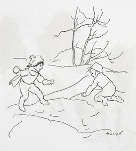 Zwei Kinder, die eine Schneeballschlacht machen von Arthur Rackham