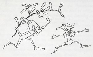 Zwei Elfen spielen, einer trägt einen Mistelzweig von Arthur Rackham