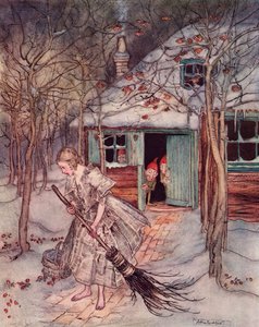 Was fand sie dort, außer echten reifen Erdbeeren. Illustration von Arthur Rackham aus Grimms Märchen Die drei Männlein im Walde, veröffentlicht Ende des 19. Jahrhunderts. von Arthur Rackham