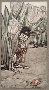 Als er Peters Stimme hörte, versteckte er sich erschrocken hinter einer Tulpe, aus Peter Pan in Kensington Gardens von J M Barrie, veröffentlicht 1906 von Arthur Rackham