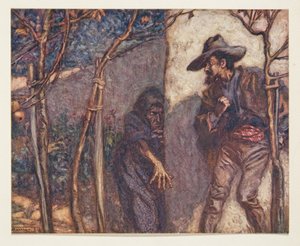Als er über die Mauer ging, erschrak er, die Hexe vor sich zu sehen, aus den Märchen der Brüder Grimm, veröffentlicht 1909