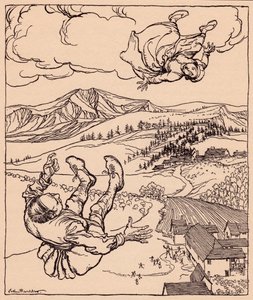 Als ihr Mann sie sah, rief er: Hi! komm zu mir hierher. Illustration von Arthur Rackham aus Grimms Märchen Der junge Riese. von Arthur Rackham