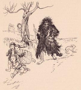 Wer ihn sah, rannte weg. Illustration von Arthur Rackham aus Grimms Märchen Bärenhäuter.