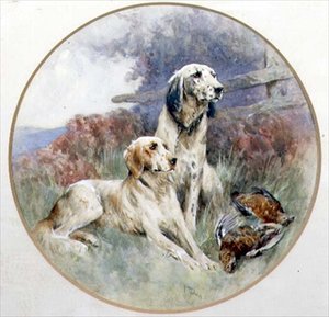 Ein Paar Setter bewachen ein Paar Moorhühner von Arthur Wardle