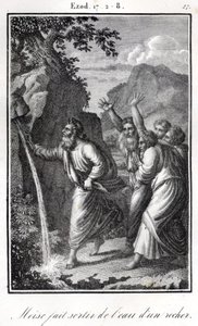 Bibel, Moses schlägt auf den Felsen und Wasser kommt heraus Exodus (Gravur)