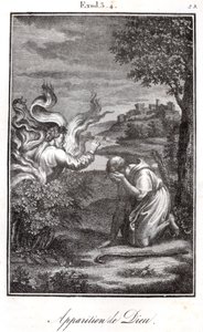 Bibel, Moses und der brennende Dornbusch Gott erscheint Moses aus einem brennenden Busch. von Artist Unknown