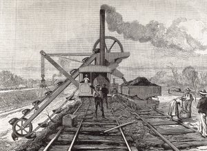 Bau des Panamakanals. Baggerarbeiten im Dorf Culebra. Originalzeichnung von Meltor Prior. Bild veröffentlicht in „The Illustrated London News“. Gravur.