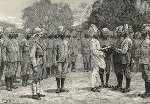 England (19. Jahrhundert). Kolonisation. Indien. Die neuen Regimenter von Burma. Vereidigung neuer Rekruten. (Stich)