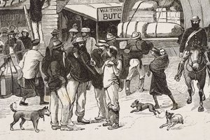 England (19. Jahrhundert). Kolonisation (1880). Das Leben der Goldgräber in Australien. Englische Kolonie Botany Bay (gegründet 1788), die anfangs hauptsächlich von Kriminellen bevölkert war, die zu Goldsuchern und Händlern wurden. Gravur. Private Sammlung