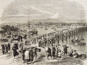 Japan (19. Jahrhundert). Stadt Edo, durchquert vom Toniak-Fluss. (Stich) von Artist Unknown