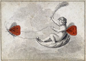 Alte Spielkarte: die Zwei der Herzen - Kind fährt einen fliegenden Panzer. Musé de la Carte à Jouir, Issy-les-Moulineaux.