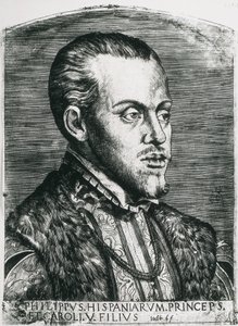 PHILIP II von Spanien (1527-1598). König von Spanien (1556-1598) und Portugal (1580-1598). Porträt von Philipp noch als Prinz. Xylographie.