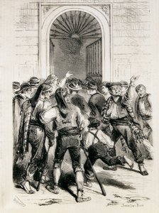 Spanien (1873). Proklamation der Ersten Republik und Erstürmung des Rathauses von Barcelona (11. Februar 1873). Radierung.