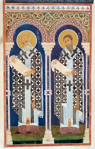 St. Gregor von Nyssa und St. Basilius der Große, Väter der griechisch-orthodoxen Kirche, Gravur, 4. Jahrhundert
