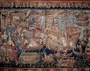 Der portugiesische Navigator Vasco da Gama (1459-1524) kam 1498 in Calicut in Indien an (Detail, Wandteppich)