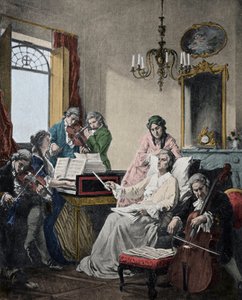 Wolfgang Amadeus Mozart (1756-1791) stirbt, dirigiert eine Musikergruppe für das Requiem, das er gerade beendet hat