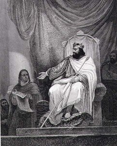 Karl der Große (742-814) erlässt das Kapitular von Herstal im Jahr 779, gestochen von Leclerc