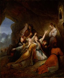 Griechische Mädchen bitten inmitten der Schlacht um den Schutz der Jungfrau Maria von Ary Scheffer
