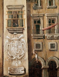 Platz des Gerichts der Vicaria in Neapel zur Zeit der Revolution von Masaniello - Detail, das einen gehängten Mann vor dem Eingang des Palastes darstellt - Gemälde von Ascanio Luciani (ca. 1621-1706) Neapel, Museo Nazionale di San Martino