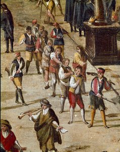 Platz des Gerichts der Vicaria in Neapel zur Zeit der Revolution von Masaniello. Kriminelle werden vor dem Eingang gerichtet - Detail, das eine Gruppe von Verurteilten zeigt, die am Hals gekettet sind - Gemälde von Ascanio Luciani (ca. 1621-1706) Neapel, M