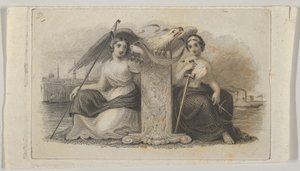 Banknoten-Vignette mit weiblichen Figuren, die Freiheit und Gerechtigkeit darstellen