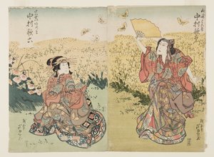 Schauspieler Nakamura Utaemon III als Yamazaki Yogor? (R), Nakamura Karoku I als Fujiya Azuma (L)