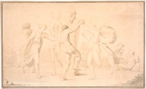 Bacchanal. Ein Satyr, ein Bacchant und drei Bacchantinnen tanzen um eine Priapsherme