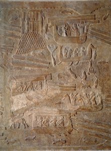 Kunst Mesopotamien (Assyrien): Hof des Palastes des Königs von Assyrien Sargon II. (721 - 705 v. Chr.) Transport von Zedernholz aus dem Libanon. Paris, Musée du Louvre