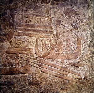 Seefahrtsexpedition: Holztransport aus dem Libanon entlang der phönizischen Küste. Darstellung eines phönizischen Schiffes mit einer Reihe von Ruderern. Basrelief von Khorsabad, 8. Jahrhundert v. Chr. Neuassyrische Periode, Mesopotamien. Louvre Museum von Assyrian