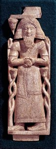 Orientalische Antiquität: bärtige Figur mit langen Haaren, geschnitzt in einer Elfenbeinplatte. 8.-7. Jahrhundert v. Chr. Arslan Tash aus Syrien. Paris, Louvre Museum von Assyrian