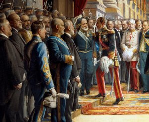 Eröffnung der Cortes im Senat, Detail Alfonso XIII von Spanien begrüßt Antonio Maura y Montaner beim Betreten des Senats, 24. Juni 1920 von Asterio Mañanós Martínez