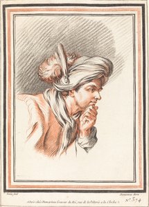 Kopf eines Mannes mit Federkopfbedeckung von Atelier of Gilles Demarteau the Elder after Carle Van Loo