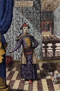 Der chinesische Kaiser und oberste Herrscher der Tartaren - Chinesischer Kaiser Kangxi (1652-1722) Qing-Dynastie, Gravur von Athanasius Kircher (1601-1680) aus „China Monumentis, qua sacris qua profanis“ 1667 von Athanasius Kircher
