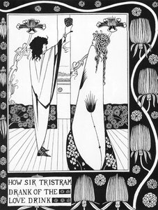 Artus-Sage: Tristan trinkt den Liebestrank Gravur in Die Geschichte von Tristan und seinen Abenteuern, die seine Liebesgeschichte mit Isolde umfasst von Sir Thomas Malory, Ausgabe illustriert von Aubrey Beardsley (1872-1898) 1893-1894