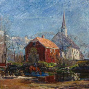 Kirche und rotes Haus, Rygge Kirche