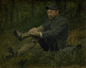 Der Architekt Thorvald Bindesbøll in einem Tannenwald auf Kullen von August Jerndorff
