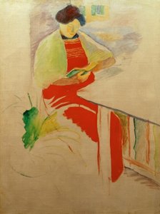 Frau mit roter Schürze auf Balkon (Elisabeth) von August Macke