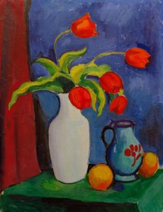 Rote Tulpen in weißer Vase von August Macke