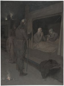 Njal, Bergthora und Thord Karisson beschließen, lebendig verbrannt zu werden. Illustration für Njals Saga, Kap. 129 von August Malmström