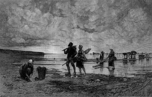 Große Flut im Ärmelkanal (19. Jahrhundert): Muschelfischer am Strand. Gravur nach dem Gemälde von Hagborg Auguste Wilhem Nikolaus in Le Monde Illustré Nr. 1219 vom 7. August