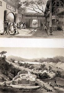 Innenansicht des Großen Tempels in Macao und ein Grab und Dorf zwischen den Buchten von Hongkong und Kowloon, Tafeln 8 und 7 aus 