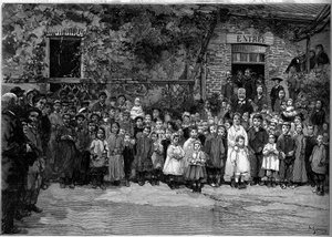 Victor Hugo (1802-1885) mit den armen Kindern von Veules-en-Caux, denen er am 24. September 1882 ein Bankett anbot. Gravur von Gerardin in "Le Monde Illustré" Nr. 1333 vom 14. Oktober 1882. von Auguste (after) Gerardin