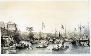Europäische Faktoreien in Kanton - in „China and the Chinese“, Zeichnungen von Auguste Borget und Lithografien von Eugène Cicéri