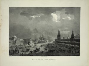 Obere Handelsreihen am Roten Platz in Moskau, um 1830 von Auguste Jean Baptiste Antoine Cadolle