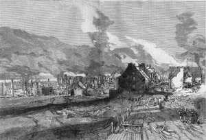 Ansicht der Ruinen von Quebec City (Kanada) nach dem Brand im Juni 1881. Gravur von Lepere in „Die illustrierte Welt“ Nr. 1267 vom 9. Juli von Auguste Lepere