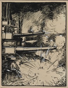Bombe explodiert auf einem gepanzerten Schiff mit gezogenen Kanonen, 1914 von Auguste Louis Lepère