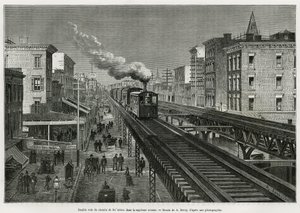 Doppelspur der Airline Railway auf der Seventh Avenue, New York, New York. Edouard de Laveleye, 1878-1879, veröffentlicht in Le tour du monde, unter der Leitung von Edouard Charton (1807-1890)